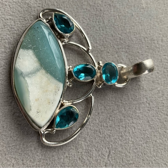 Sterling Silver Pendant W/Druzy Stone & Topaz Rhinestones - Picture 2 of 7